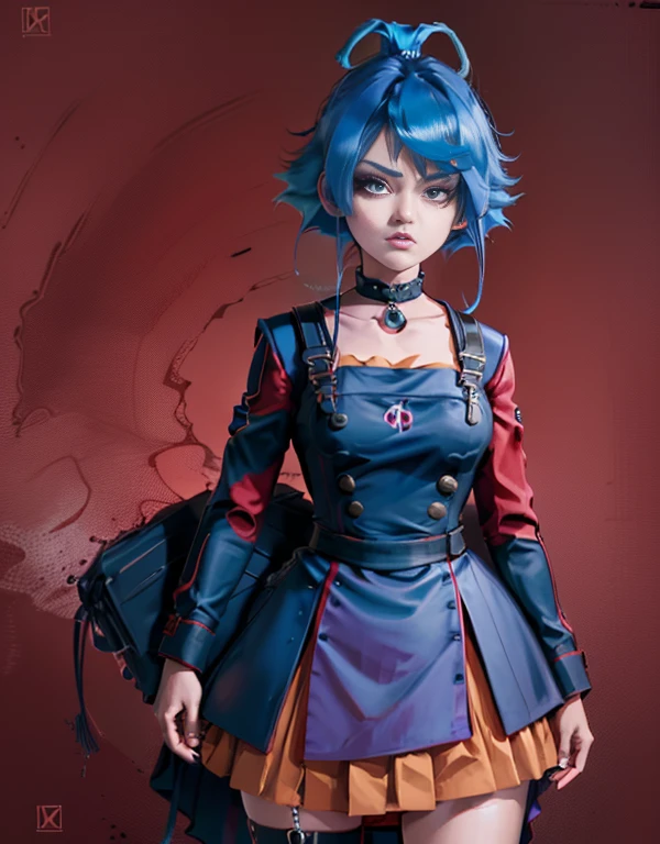 anime style, face portrait, female character, (((red clothes))), (((blue hair))), short hair, purple choker, yellow eyes, red maid uniform, detailed, 8k, high quality, effects emotional, anime style, angry face