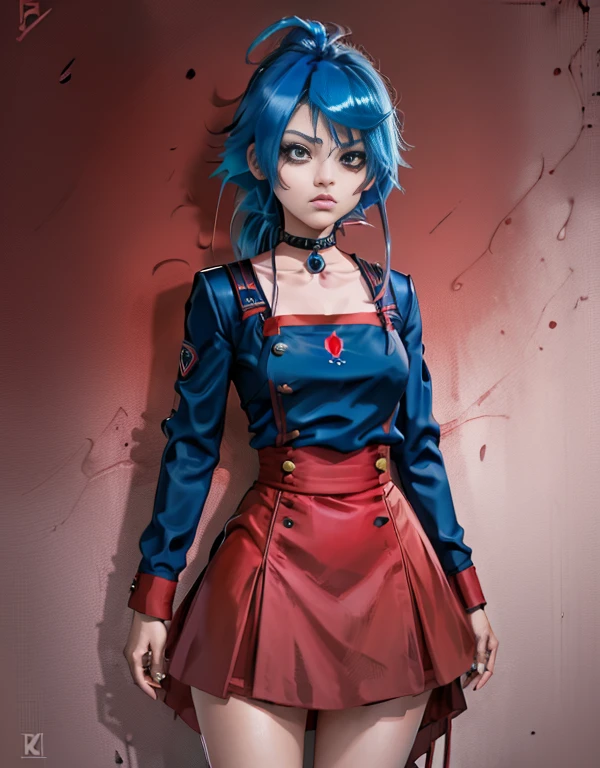 anime style, face portrait, female character, (((red clothes))), (((blue hair))), short hair, purple choker, yellow eyes, red maid uniform, detailed, 8k, high quality, effects emotional, anime style, angry face