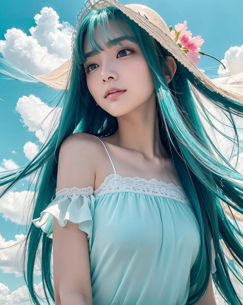 (Highest quality, 32k, High resolution, Masterpiece:1.5, ), marimo_jet, god々A photograph with brilliant dazzling and healing power., Evoking a sense of calm and elusive beauty, Expressing emotions, Have a rich imagination, Beautiful Japanese Girls, ((Low - Angle:1.4)), An exceptionally beautiful face, Small Face Beauty, Perfect Human Anatomy, Magical big eyes, Motherhood and generosity, Deep Love, fleeting smile, ((Shiny turquoise hair:1.4)), Super long straight silk hair swaying in the wind, Asymmetrical bangs, Hair between the eyes, Transparent, soft white skin, Sharp eyebrows, Thin lashes, Natural Makeup, Cheek highlighter, Lips with fine detail, (White see-through camisole:1.4), High resolutionの完璧な鎖骨, High resolutionの美しい胸元, Slim figure with ample breasts, High resolutionの美しい太もも, ((Beautifully detailed skies:1.2)), ((Vibrant petal effect:1.3)), Professional photographer, Professional Lighting, Professional models, god秘的