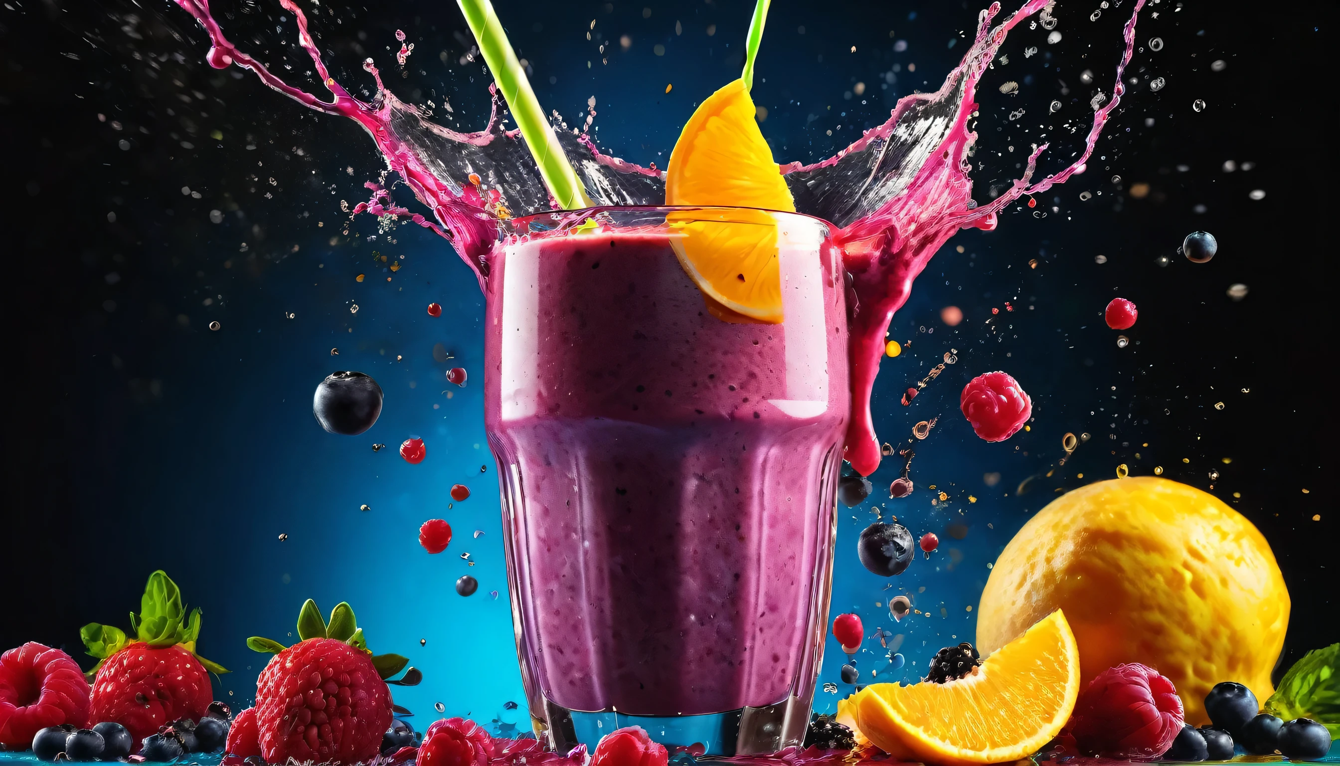 Smoothie, Healthy and vibrant smoothie. Capture dramatic smoothie splash. Creative Dynamic compotition vary angle. Macro Food photography, taken by very high tech expensive camera. Eyecatching, mouthwatering and cavtivating. Photo product, great for poster promotion. 8k, HD quality, ultra realistic, hyper detailed. out of the box idea taken from different angle.