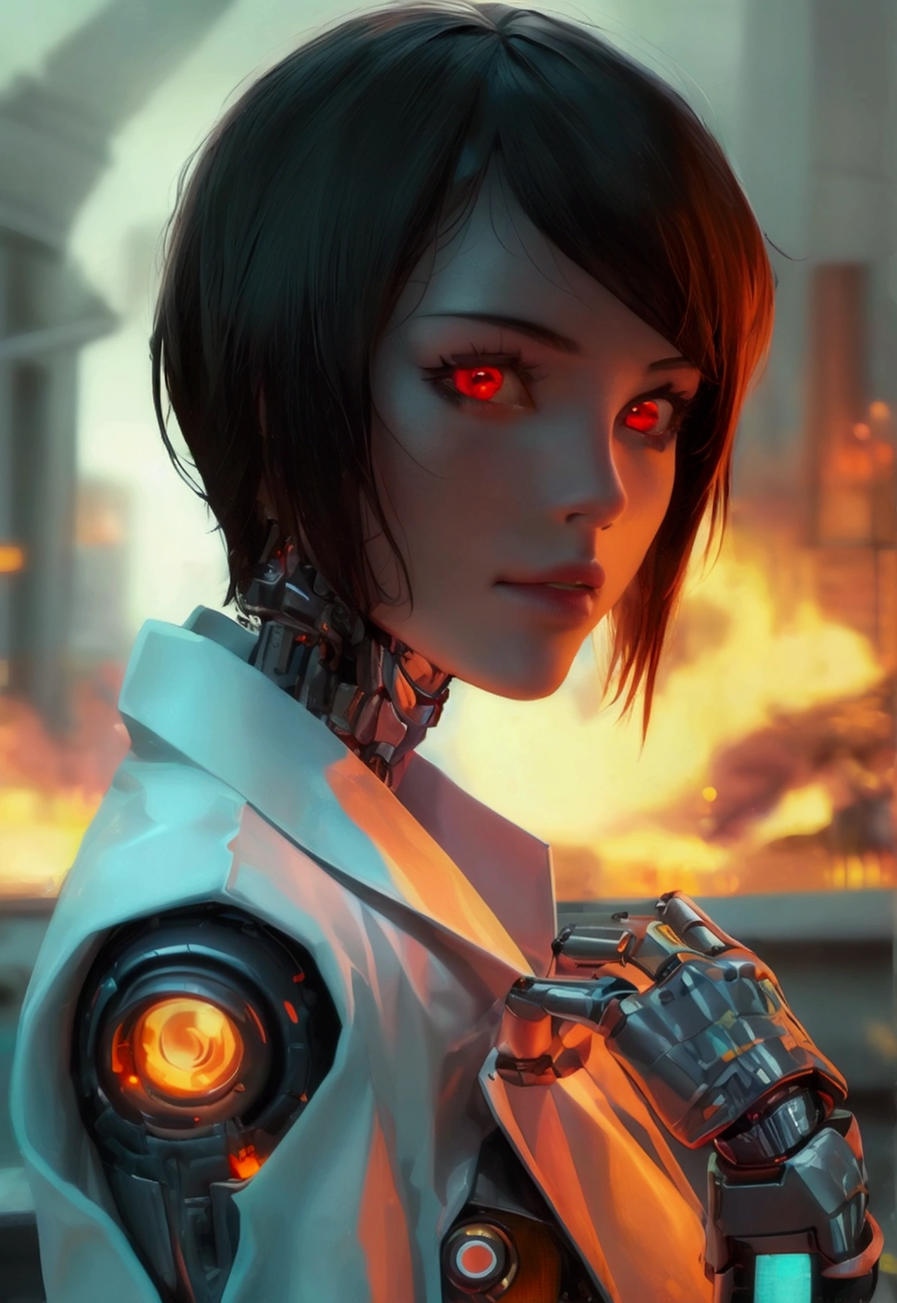 1 robot girl, android, robot style fingers, robot style legs, humanized android, looks perfectly like human being, beautiful girl, wearing scientist clothes, white coat, rose gold hair, shoulder length hair, straight hair, fiery red eyes, smiling mysteriously, looking at the viewer, apocalyptic science fiction sensation, posing scientist pose, with apocalypse background, falling buildings, sci-fi sensation, robotic background, scientific background