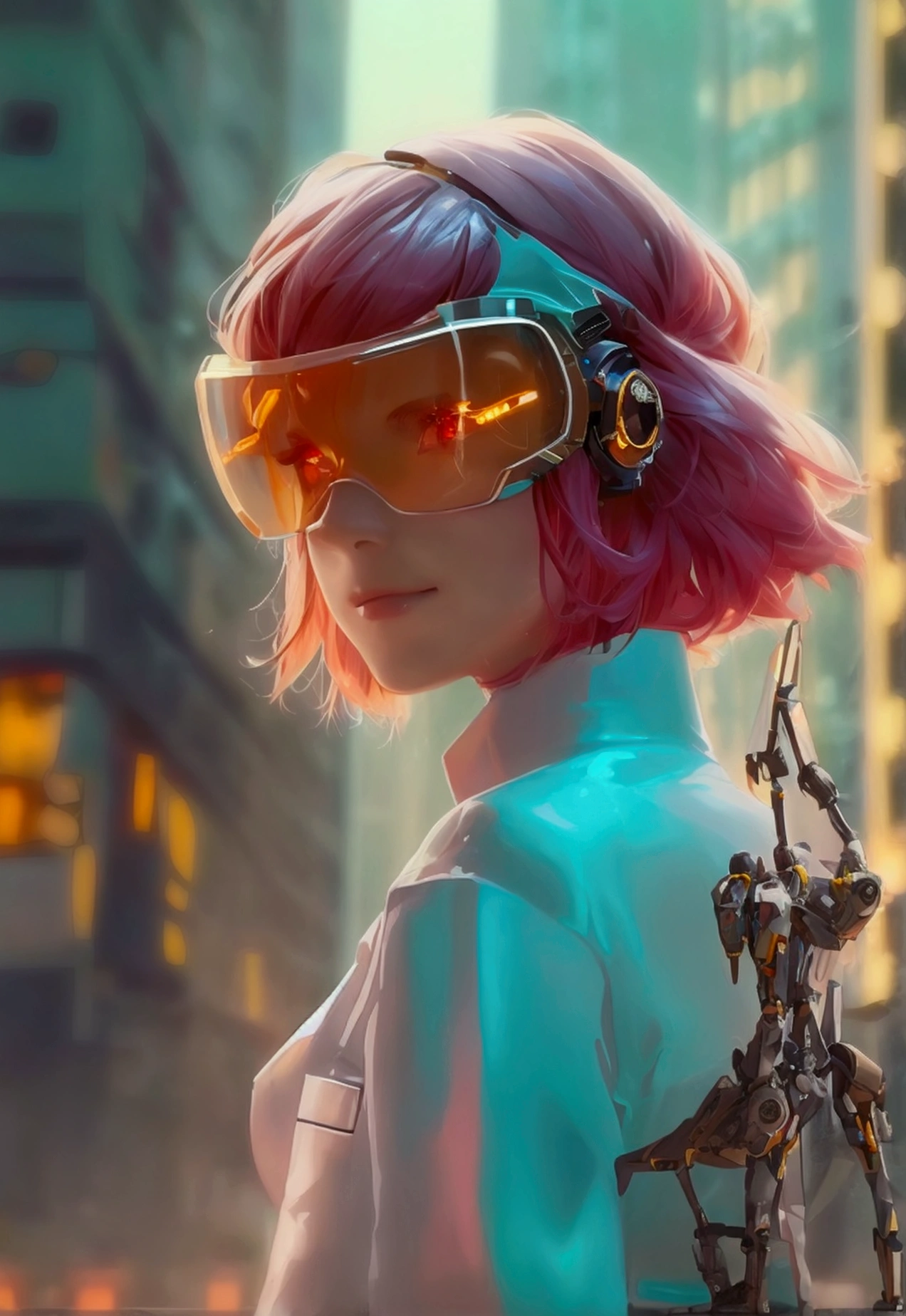 1 robot girl, android, robot style fingers, robot style legs, humanized android, looks perfectly like human being, beautiful girl, wearing scientist clothes, white coat, rose gold hair, shoulder length hair, straight hair, fiery red eyes, smiling mysteriously, looking at the viewer, apocalyptic science fiction sensation, posing scientist pose, with apocalypse background, falling buildings, sci-fi sensation, robotic background, scientific background