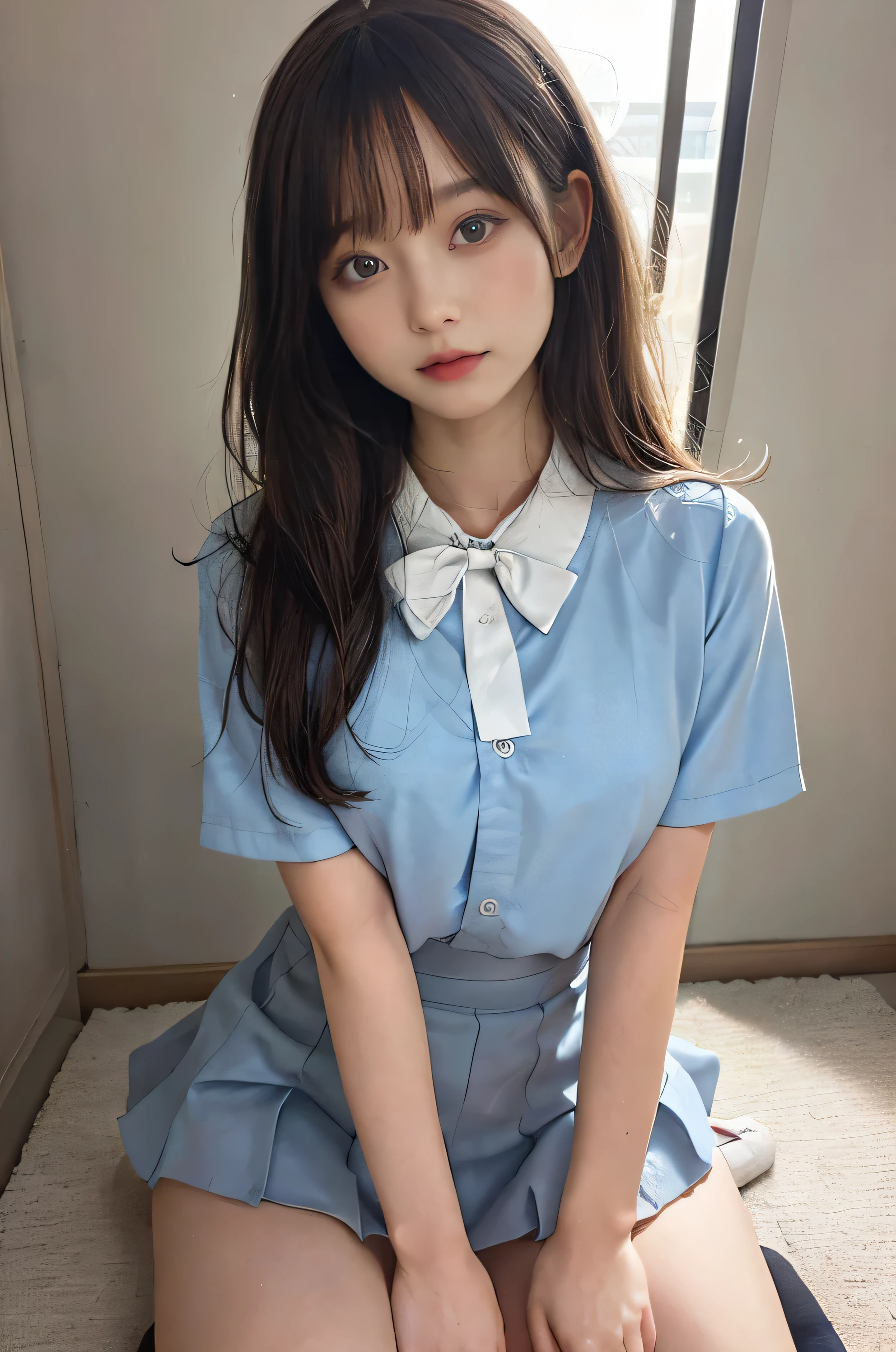 wearing short skirt、Alafid asian woman wearing bow tie sitting on train, cute schoolgirl, japanese schoolgirl, wearing japanese school uniform, japanese school uniform, a hyperactual schoolgirl, Dress up as a schoolgirl, hyperactual schoolgirl, Wearing school uniform, actual , girl wearing, Wearing school uniform, A pose, whole body, good skin, glowing skin, beautiful thighs,glowing thighs, Glowing legs, (())