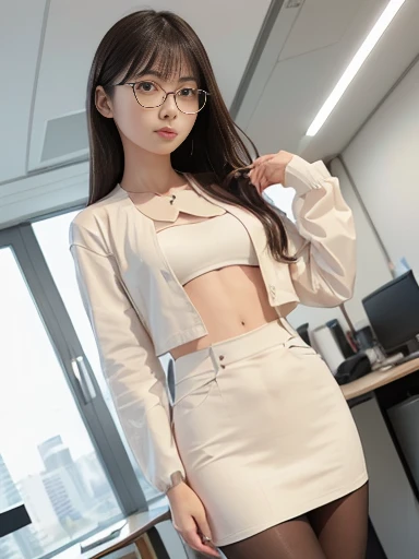 Japanese female, a lot of details, (underweight), 30 years old, detailed black hair, beautiful detailed hair, super fucking beautiful, delicate beautiful face, complex details beautiful and delicate eyes, perfect hands, (flat chest best quality:1.5), perfect and delicate limbs, detailed skin, best quality, ultra-detailed,proud, serious look, standing, legs closed, semi long, (blouse), office lady,(cream skirt, long sleeves, pantyhose, cream jacket:1.1), glasses, with a document, japanese, (in the office), with a window, chill atmosphere, (full body shot:1.1), from front, (low angle shot:1.2)