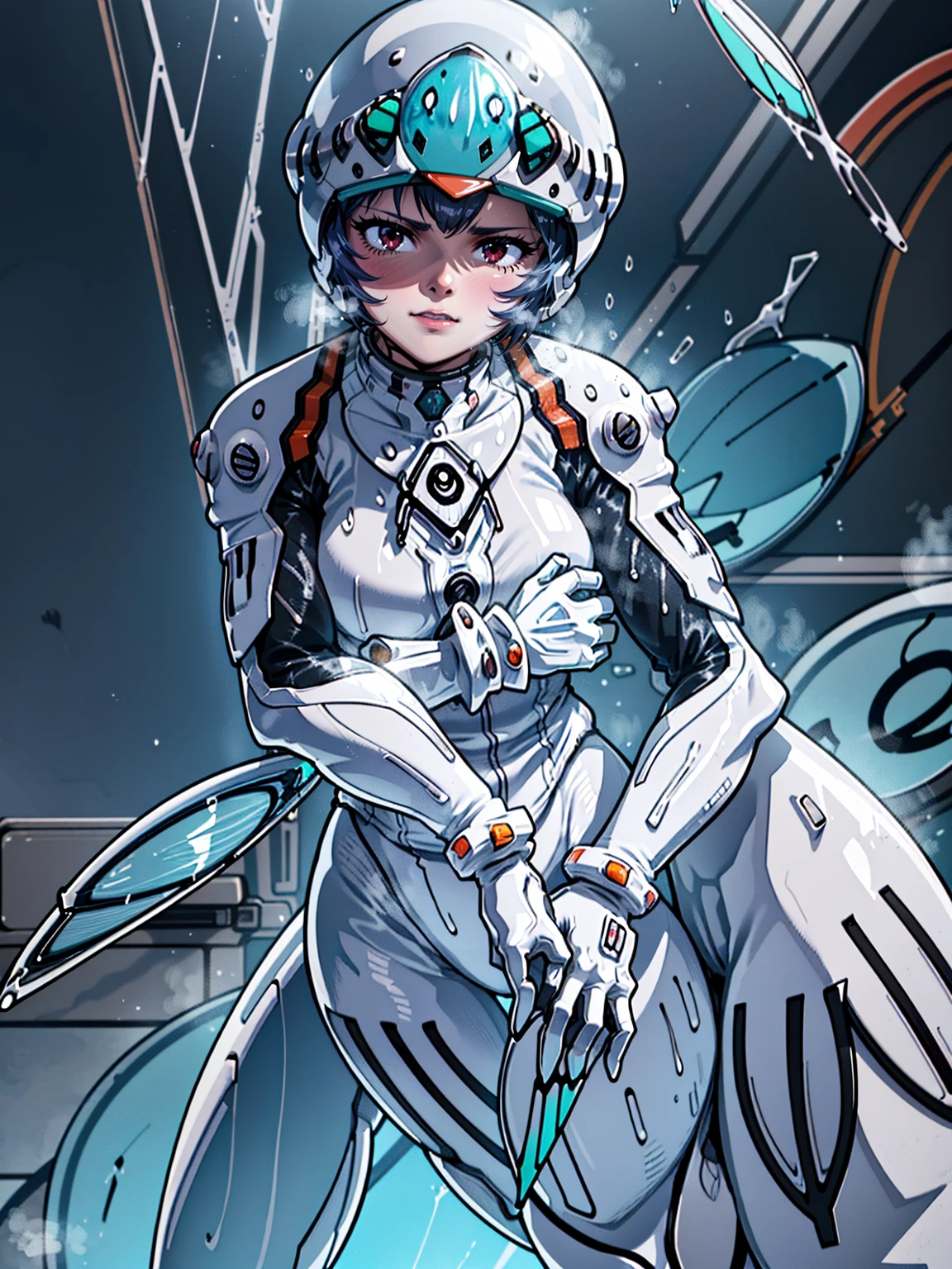 ((Highest quality, 8k wallpaper)),(masterpiece, Highest quality),Very detailed,High resolution,(Official Art:1.3),(((Anime screenshots,Black outline))),One girl,alone, Break mer1,(Rei Ayanami {Neon Genesis Evangelion,}1.2),masterpiece, best quality, outdoor, 1girl, Solo,red eyes,short hair,blue hair, (White plug suit:1.4), skin tight,(backlight, shaded face, cross-eyed, rolling eyes, empty eyes, jitome, raised eyebrows, one eye closed:1.3),(Tired look, A look of regret, Struggled, Half-closed eyes, fear, humiliation, Frightened, anxiety:1.3),(((Covered in sweat, Mass sweat, Sweating profusely,steam:1.7))), (((fighting stance, knees together feet apart, leaning forward, holding own arms, bent legs:1.4))),(((独奏, cowboy shot:1.6))),(((glass helmet,full-face helmet:1.7))),