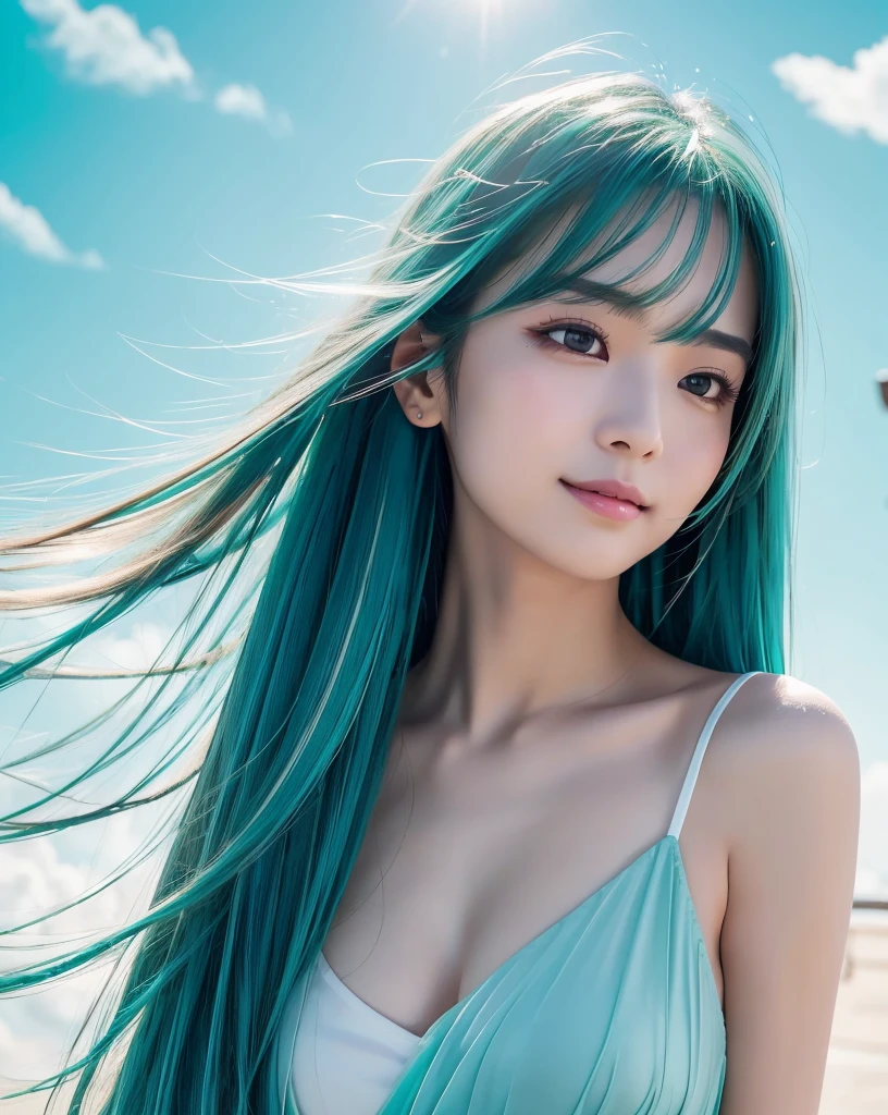 (Highest quality, 32k, High resolution, Masterpiece:1.5, ), marimo_jet, god々A photograph with brilliant dazzling and healing power., Evoking a sense of calm and elusive beauty, Expressing emotions, Have a rich imagination, Beautiful Japanese Girls, ((whole body:1.4)), An exceptionally beautiful face, Small Face Beauty, Perfect Human Anatomy, Magical big eyes, Motherhood and generosity, Deep Love, fleeting smile, ((Shiny turquoise hair:1.4)), Super long straight silk hair swaying in the wind, Asymmetrical bangs, Hair between the eyes, Transparent, soft white skin, Sharp eyebrows, Thin lashes, Natural Makeup, Cheek highlighter, Lips with fine detail, (White see-through camisole:1.4), High resolutionの完璧な鎖骨, High resolutionの美しい胸元, Slim figure with ample breasts, High resolutionの美しい太もも, ((Beautifully detailed skies:1.2)), ((Vibrant petal effect:1.3)), Professional photographer, Professional Lighting, Professional models, god秘的