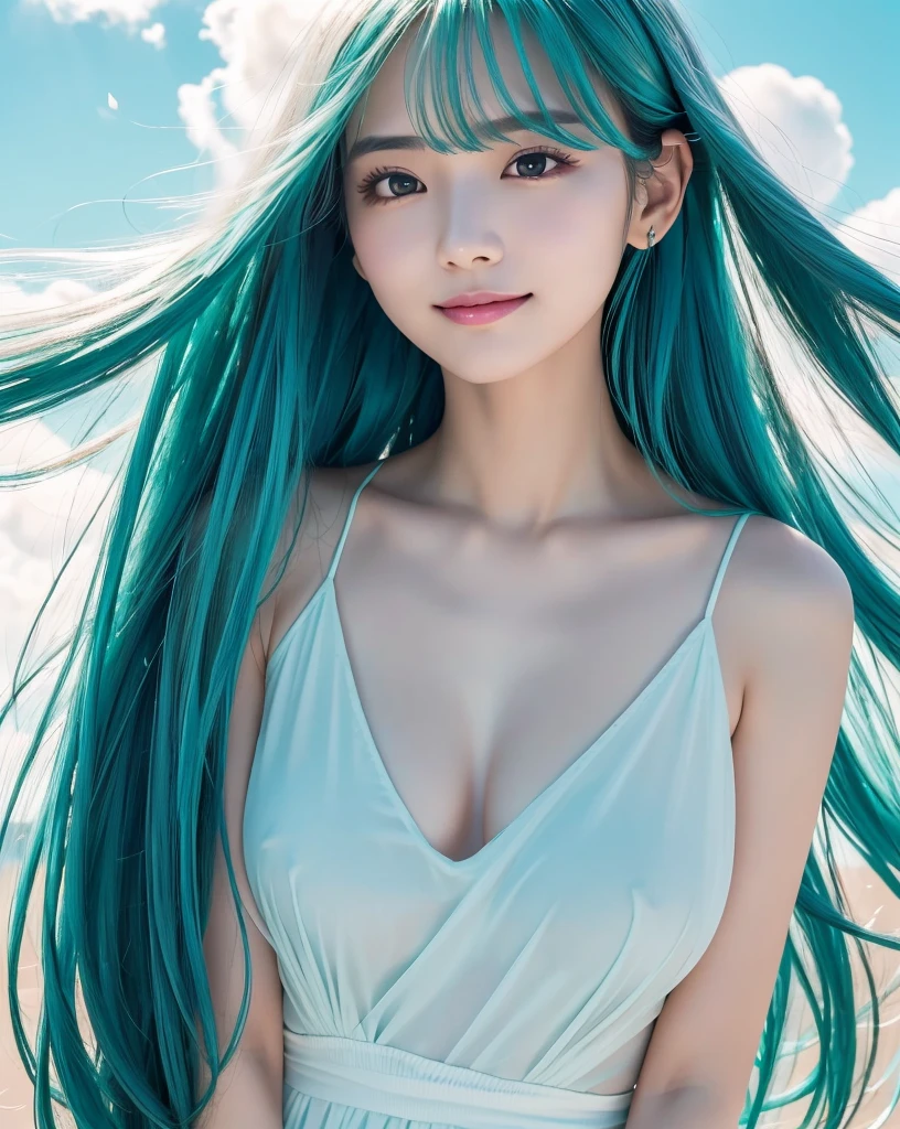 (Highest quality, 32k, High resolution, Masterpiece:1.5, ), marimo_jet, god々A photograph with brilliant dazzling and healing power., Evoking a sense of calm and elusive beauty, Expressing emotions, Have a rich imagination, Beautiful Japanese Girls, ((whole body:1.4)), An exceptionally beautiful face, Small Face Beauty, Perfect Human Anatomy, Magical big eyes, Motherhood and generosity, Deep Love, fleeting smile, ((Shiny turquoise hair:1.4)), Super long straight silk hair swaying in the wind, Asymmetrical bangs, Hair between the eyes, Transparent, soft white skin, Sharp eyebrows, Thin lashes, Natural Makeup, Cheek highlighter, Lips with fine detail, (White see-through camisole:1.4), High resolutionの完璧な鎖骨, High resolutionの美しい胸元, Slim figure with ample breasts, High resolutionの美しい太もも, ((Beautifully detailed skies:1.2)), ((Vibrant petal effect:1.3)), Professional photographer, Professional Lighting, Professional models, god秘的