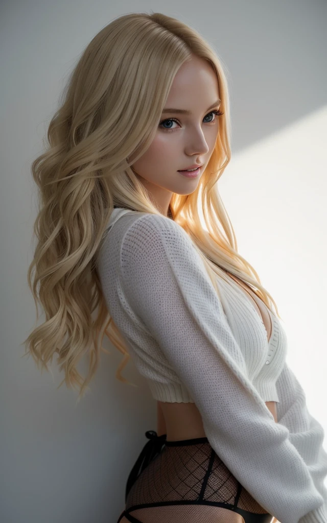 Beautiful woman with long blonde hair, , , Soft light from the side, Beautiful blonde girl, Sexy Girls, 2 4 year old female model, Charm, Blonde Goddess, Blonde girl, 横向きのPause, White sweater, pose Charm, Sexy appearance, With natural light as a background,, Pause 、Black lace bikini