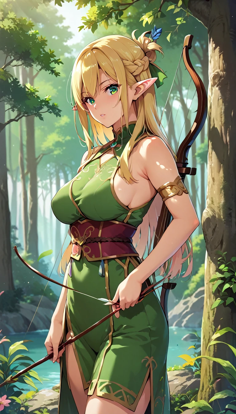 (masterpiece, best quality, ultra-detailed, high resolution, detailed eyes), takeda hiromitsu style, (1woman), elf woman, archery, long straight hair, blonde hair, green clothes, curvy body, forest, cowboy shot