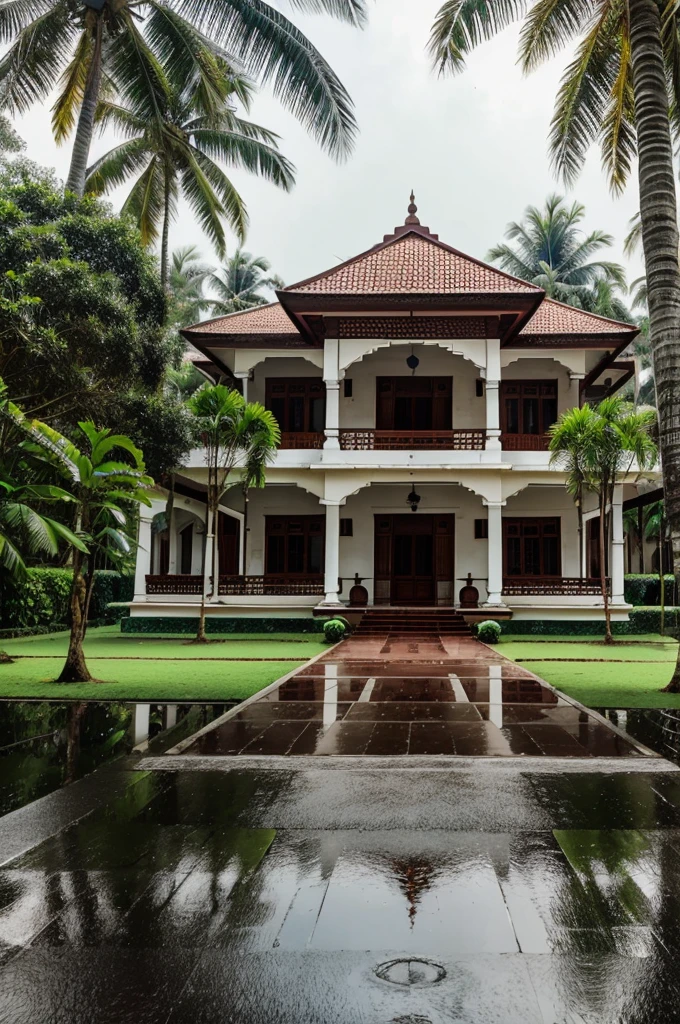 A large landscape of Kerala house showing complete structure of the house and raining outside on the roads