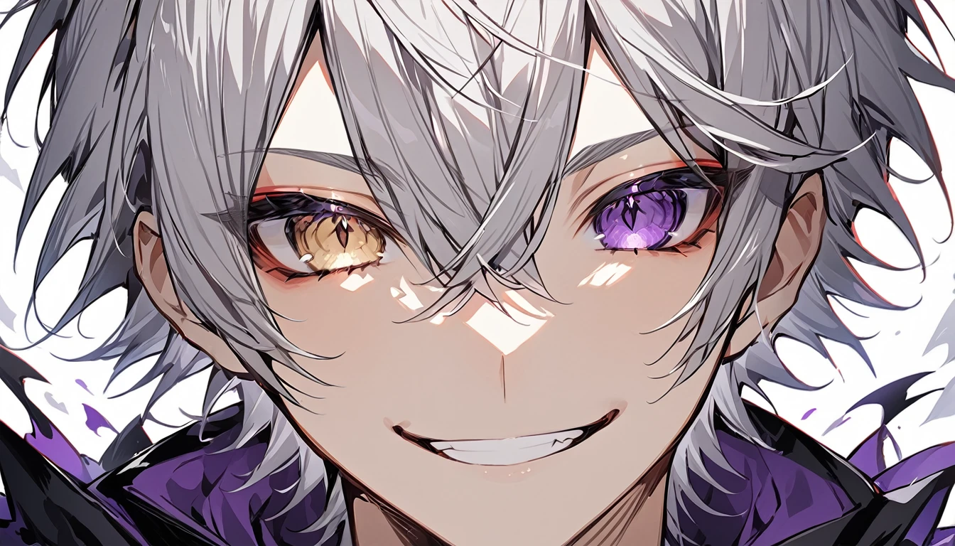 1 boy、Gray-haired、A smile like purple eyes、Short, unkempt hair、Portraiture 、Handsome 、Heterochromia iridis 、hair, Close your right eye、Wicked Smile、Black Cape