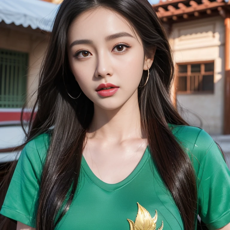 Arafe woman with long brown hair wearing a red shirt, Ruean Jia is very beautiful.!, Inspiration from Huang Ji, 8K vertical rendering, photo realistic beautiful face, Dilraba Dilmurat, red jewelry, Inspiration from Yao Tingmei, Digital art of elegance, Sazi, Portrait of a modern Darna, Sakimi-chan, Big eyes,Double eyelids, black eyes, very large breasts, 38 inches, The chest is round and curved and shiny., abdominal muscles, perfect body, Wear a dark round neck t-shirt., Bright colors, expensive silk, outdoor, Warm light, The morning sun shines beautifully., (digital painting, HDR, high contrast), straight face, face focus), (Highest quality:1.4, 3D 8K, 45,000,000,000,pixels,),(Masterpiece:1.3),(sharp focus:1.2),glowing face, (Red cheeks:1.4), ยืนเดินoutdoor, The evening sun shines beautifully and realistically.,