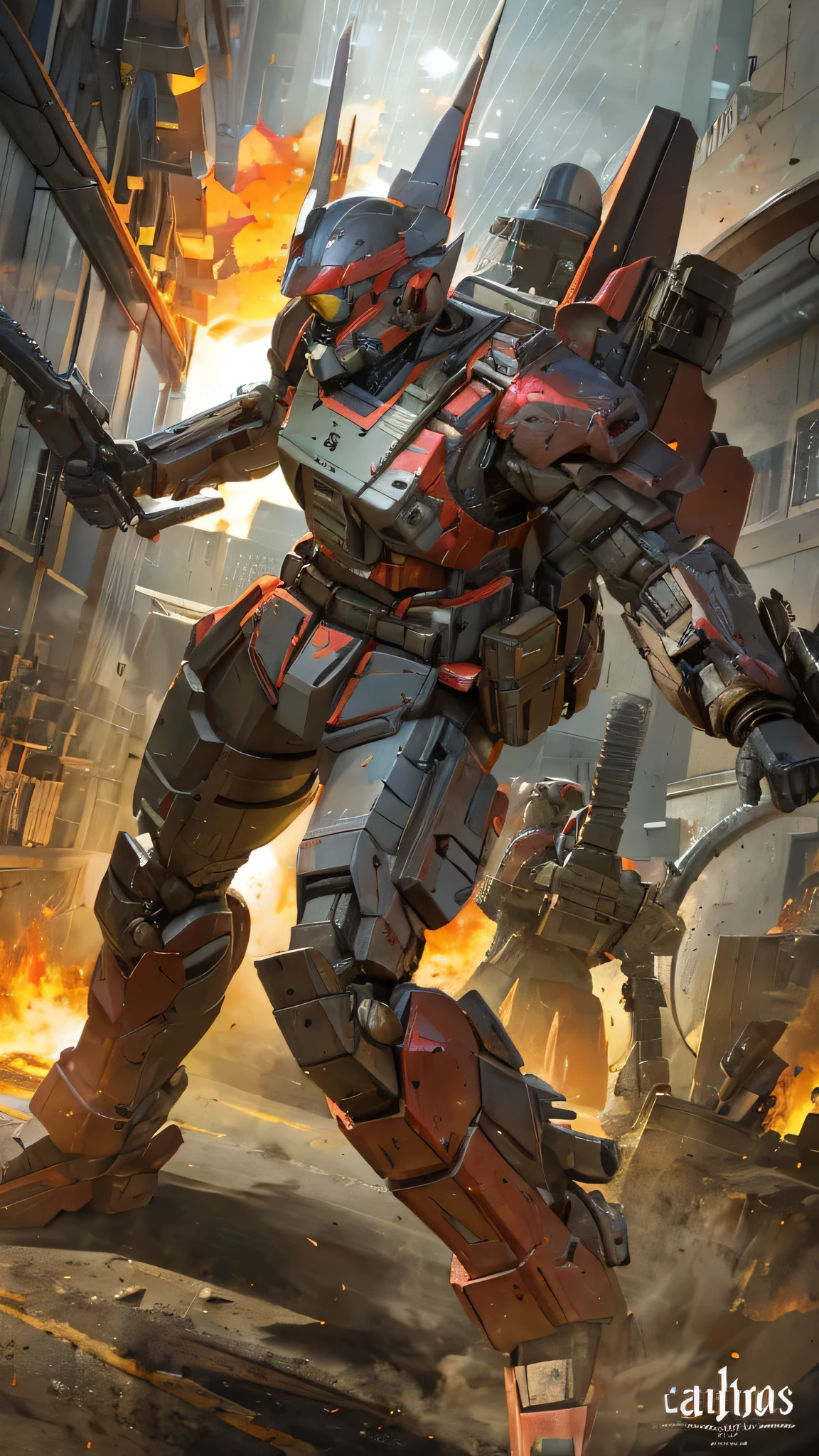 最high quality、Best image quality、masterpiece、Giant Mecha((humanoid、Railgun、Bulletproof vest、Jetpack、Red visor、Run、Chainsaw,Covered in scars,gas mask、Gold Color、Fighting Pose)）high quality、Beautiful art、background((City、explosion、Smokescreen)),Tabletop、Exquisite design、Visual Arts、Written boundary depth、Best lighting、The finest details、8ｋ