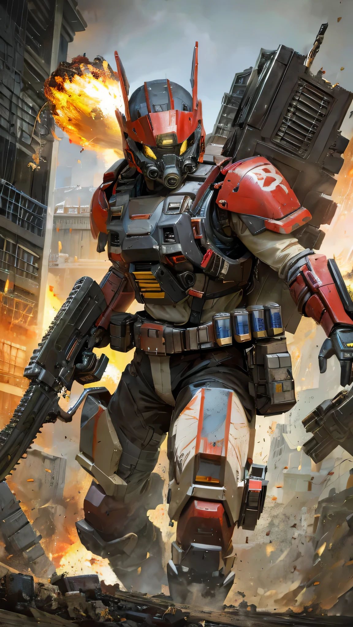 最high quality、Best image quality、masterpiece、Giant Mecha((humanoid、Railgun、Bulletproof vest、Jetpack、Red visor、Run、Chainsaw,Covered in scars,gas mask、Gold Color、Fighting Pose))high quality、Beautiful art、background((City、explosion、Smokescreen)),Tabletop、Exquisite design、Visual Arts、Written boundary depth、Best lighting、The finest details、8k