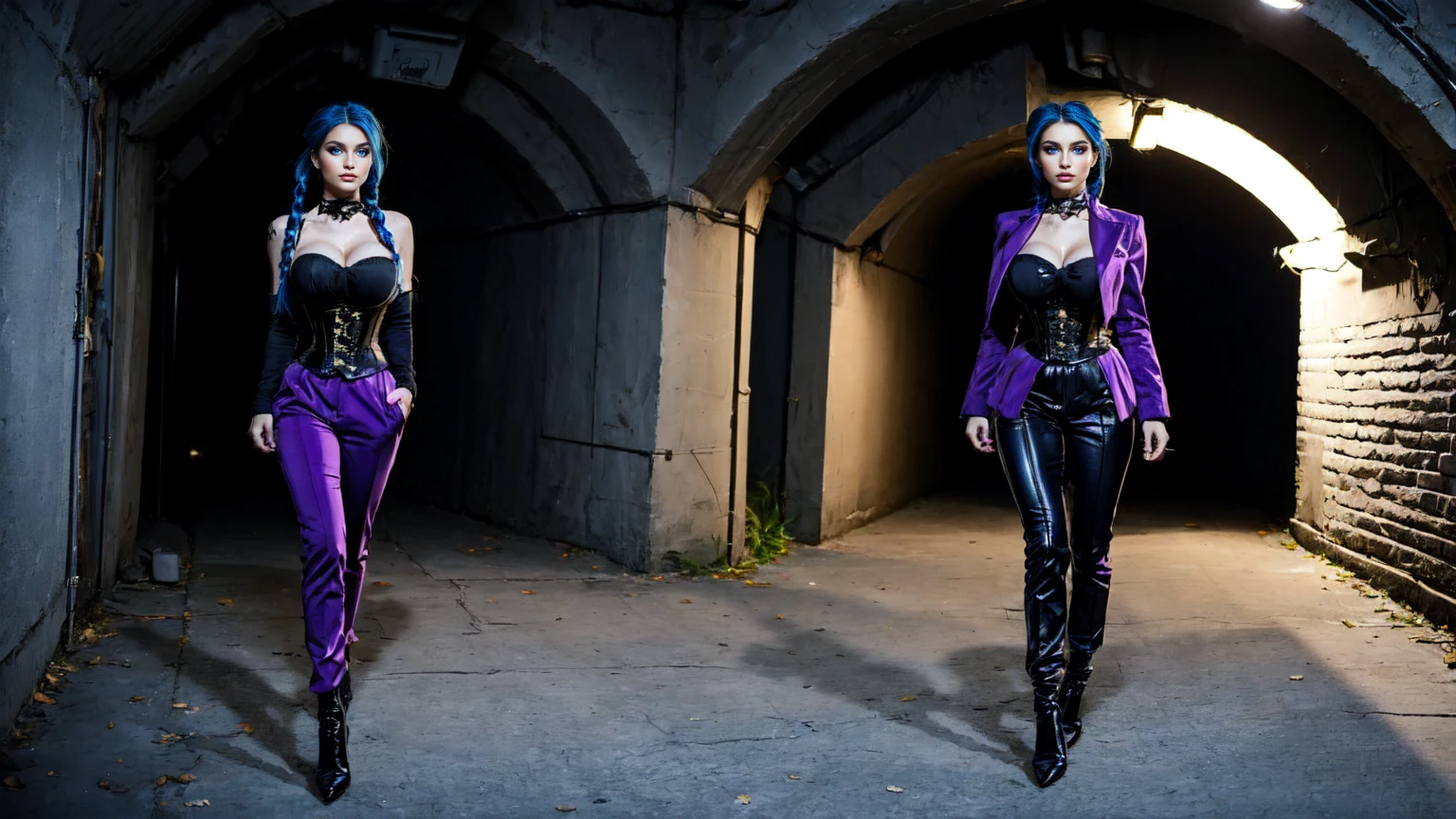 jinx, blue hair,blue long curly ponytail, blue leahter corset, black jacket, big breast, purpble tight leahter Trousers, purple belt, black long high heels boots,walking in a tunnel