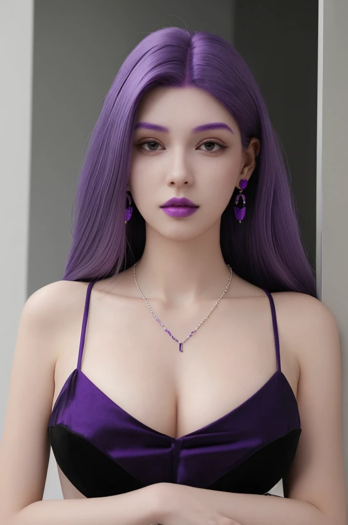 necklace,Long earrings,Purple hair