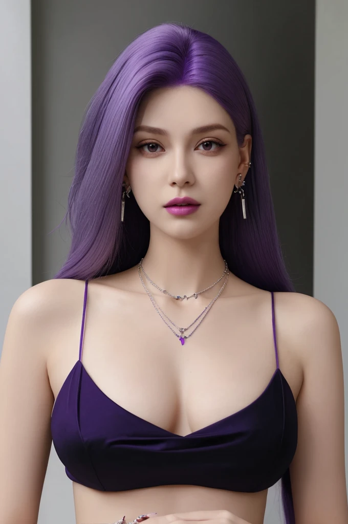 necklace，Long earrings，Purple hair