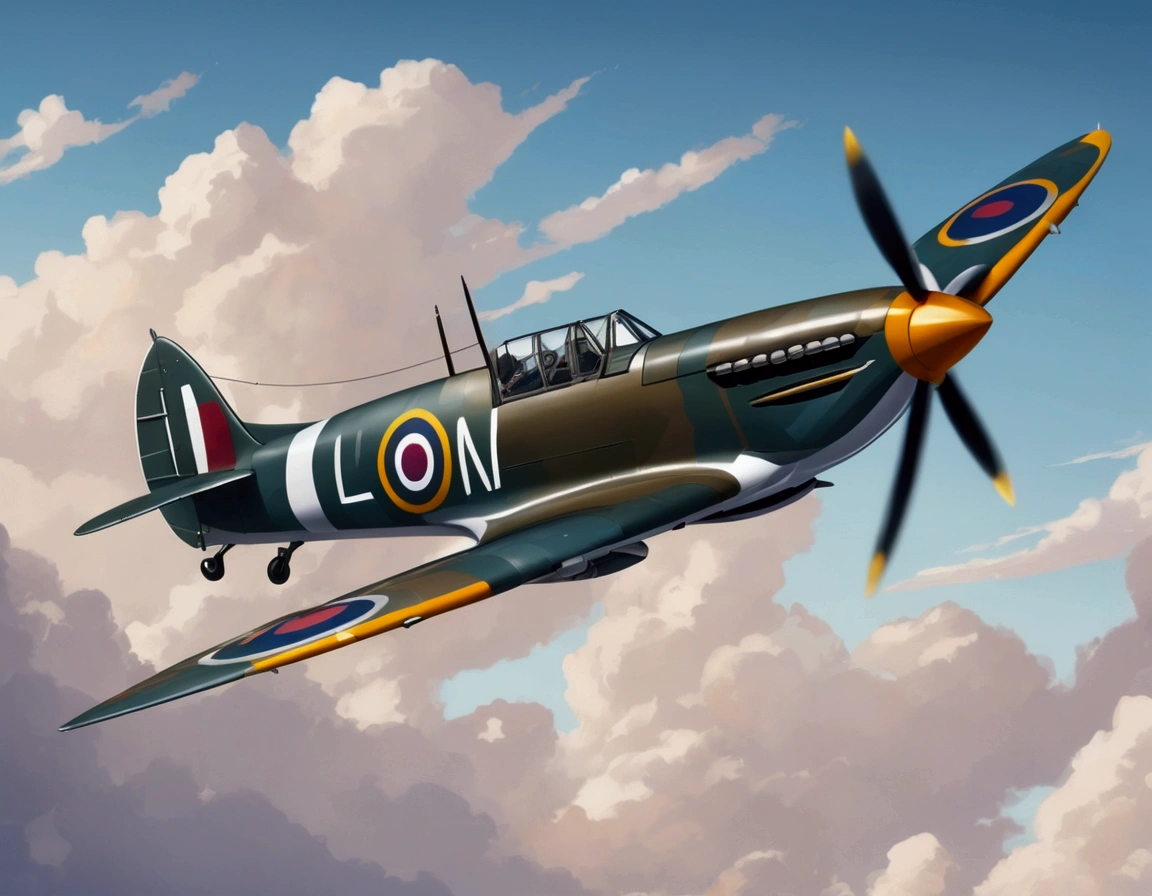 world war 2 spitfire aircraft flying on the sky, isolated subject, sky background, leonardo illustration, vector style , (lora: leonardo-illustration:1),