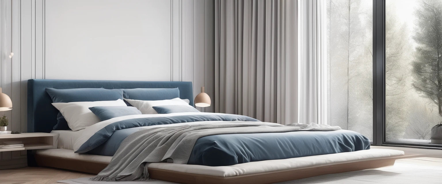 there is a bed with a blanket on it in a room, cozy bed, minimalistic and beautiful, natural light in room, pristine and clean design, small bed not made, soft grey and blue natural light, serene bedroom setting, clean and pristine design, white bed, un made bed, minimalistic design, bedroom background, in a bedroom, cozy and calm