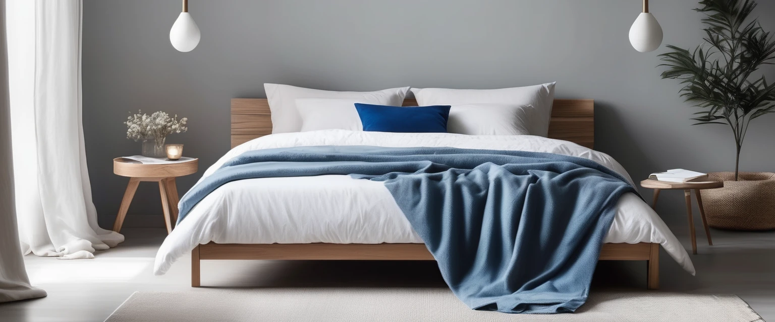 there is a bed with a blanket on it in a room, cozy bed, minimalistic and beautiful, natural light in room, pristine and clean design, small bed not made, soft grey and blue natural light, serene bedroom setting, clean and pristine design, white bed, un made bed, minimalistic design, bedroom background, in a bedroom, cozy and calm