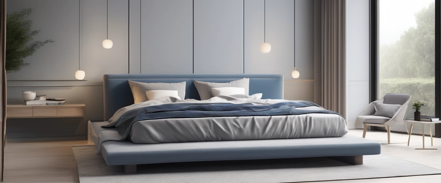 there is a bed with a blanket on it in a room, cozy bed, minimalistic and beautiful, natural light in room, pristine and clean design, small bed not made, soft grey and blue natural light, serene bedroom setting, clean and pristine design, white bed, un made bed, minimalistic design, bedroom background, in a bedroom, cozy and calm