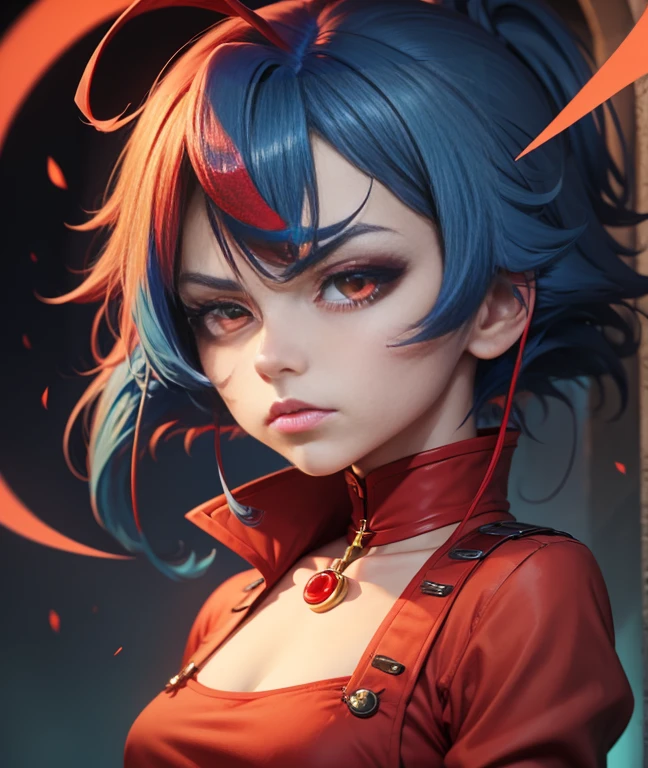 anime style, face portrait, female character, (((red clothes))), (((blue hair))), short hair, purple choker, yellow eyes, red maid uniform, detailed, 8k, high quality, effects emotional, anime style, angry face