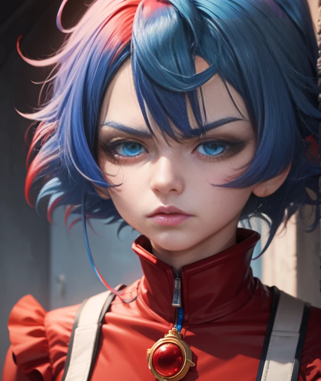 anime style, face portrait, female character, (((red clothes))), (((blue hair))), short hair, purple choker, yellow eyes, red maid uniform, detailed, 8k, high quality, effects emotional, anime style, angry face