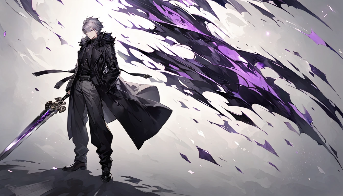 male, Gray Hair, Light purple eyes, Black fur coat, pants, 1 person, whole body, alone, sword