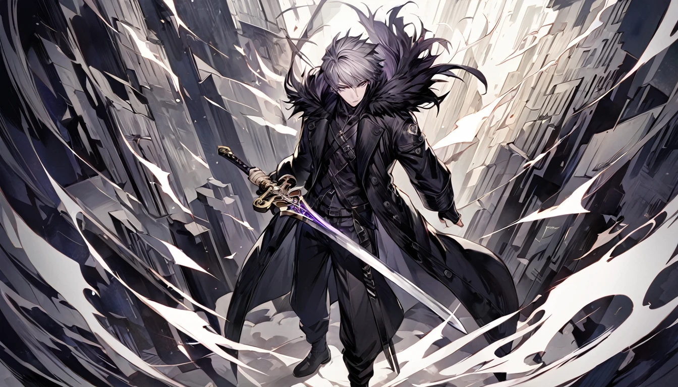 male, Gray Hair, Light purple eyes, Black fur coat, pants, 1 person, whole body,  alone, sword