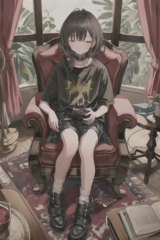 One girl, alone, shirt, black shirt, Sitting, skirt, collar, controller, Chair, Yellow Eyes, indoor, curtain, Holding controller, plant, blush, rug, black skirt, boots, bangs, Medium Hair, potted plant, Plaid skirt, black collar, belt collar, Black footwear, Plaid, black socks, Holding, View your viewers, pleated skirt, Black Hair, Short sleeve, Mouth closed, Hair Intake, lamp, whole body, socks, carpet, window, armChair, game controller, ankle boots, miniskirt, t-shirt, on Chair 
///////////  