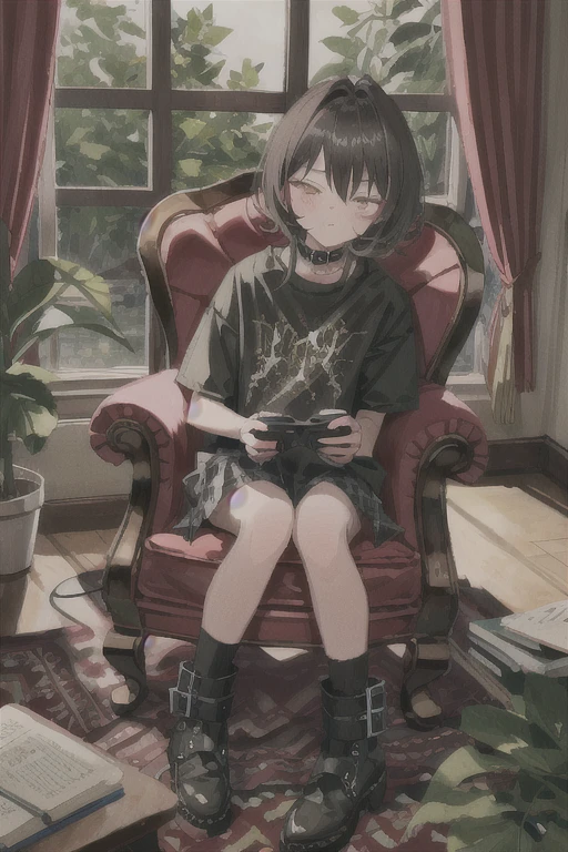 One girl, alone, shirt, black shirt, Sitting, skirt, collar, controller, Chair, Yellow Eyes, indoor, curtain, Holding controller, plant, blush, rug, black skirt, boots, bangs, Medium Hair, potted plant, Plaid skirt, black collar, belt collar, Black footwear, Plaid, black socks, Holding, View your viewers, pleated skirt, Black Hair, Short sleeve, Mouth closed, Hair Intake, lamp, whole body, socks, carpet, window, armChair, game controller, ankle boots, miniskirt, t-shirt, on Chair 
///////////  