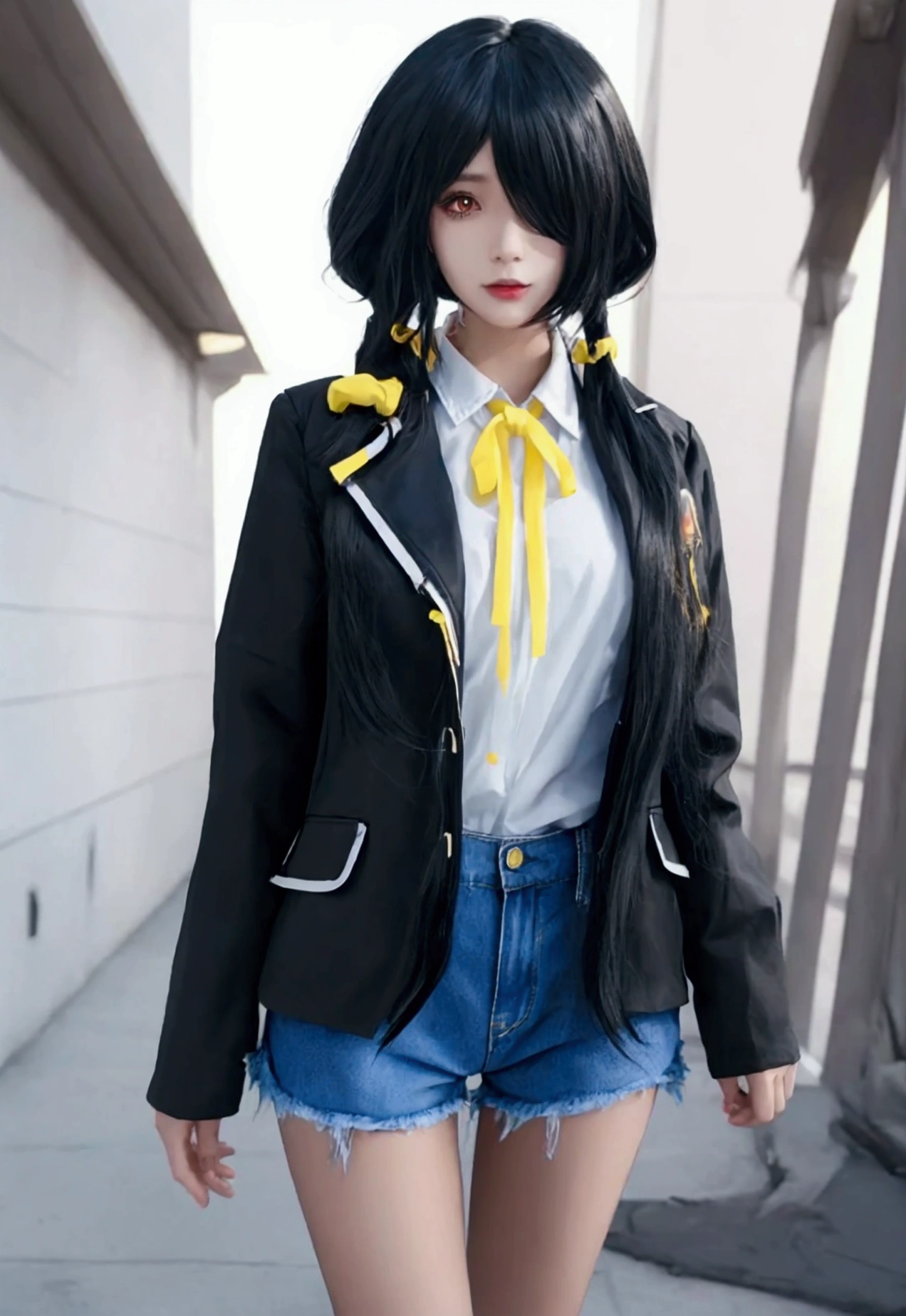 ultra-detailed, highly detailed,nbest quality, masterpiece, illustration, 
Anime-style girl with black hair wearing a black jacket with yellow accents over a light blue blouse, and distressed denim shorts, standing outdoors.