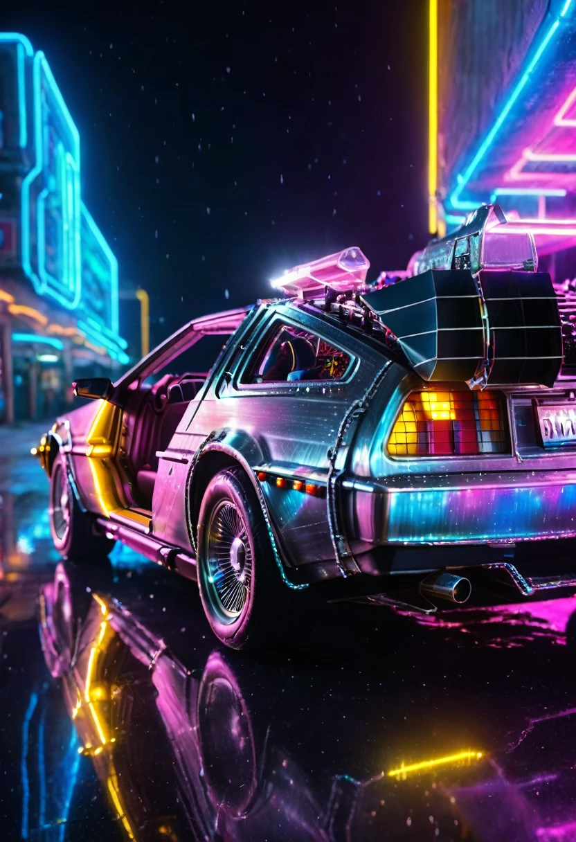 back to the future part2,timemachine,delorian,very fine details,Shiny body,((float:1.8)),Neon and lightning background,Very fine LED particles,A body covered in light particles,Concentrated line,radiation,8K,RAW Photos,Highest quality,masterpiece,reality,Very detailed,bfdlrn,dazzling,