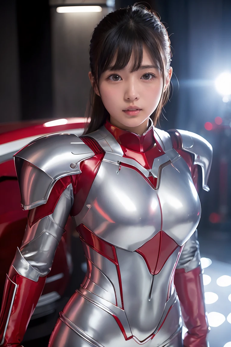 Ultraman、Realistic、Realistic、Cinema Lighting, Girl in shiny red and silver suit、15 years old、Professional photos、Don&#39;Do not expose your skin, Japanese Model, japanese cgi、Ultraman Suit、, Power Rangers Suit、Tight and thin cyber suit,The whole body is as soft as rubber.、There&#39;s pink There、 Delicate body, Big Breasts、Small Ass、Thin thighs、Thin arms、Narrow waist、Camel Toe、Both sides of the cybersuit fit snugly against the skin.、Big eyes、Black Short Hair、Look forward、Look forward立っている、A glowing sphere is embedded in his chest..、Essay exam、 Blue sky background