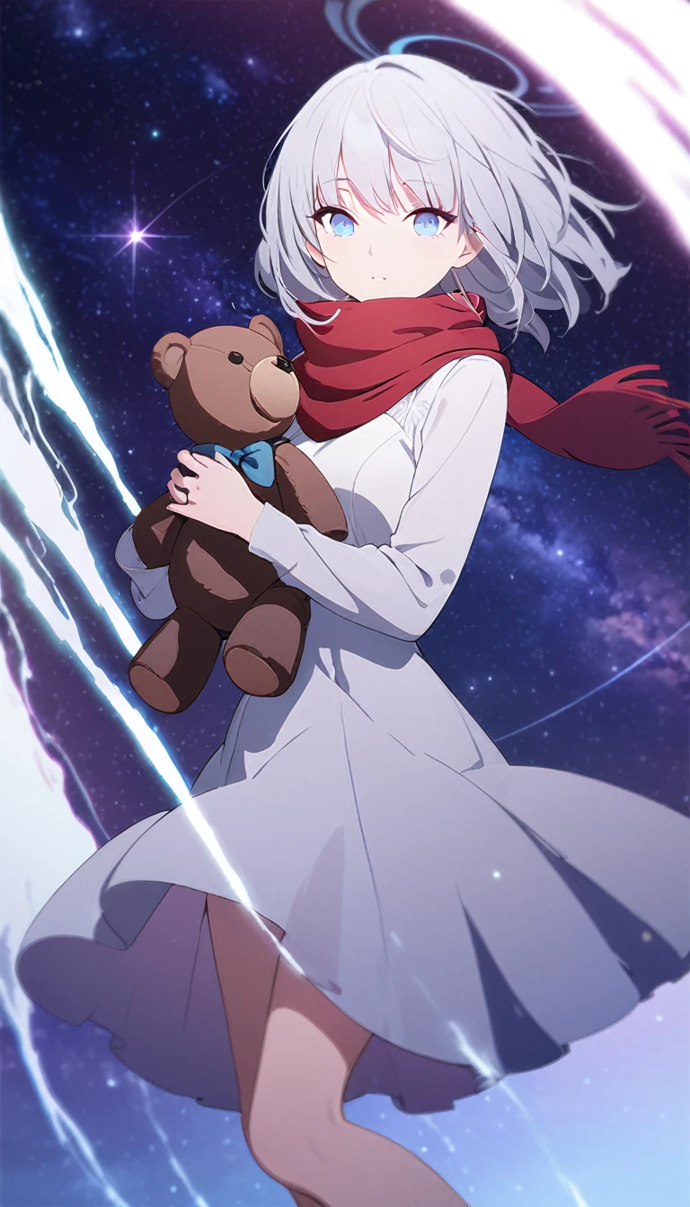 (((masterpiece))), (((best quality))),(((high detail))),light manipulation, girl with long silver hair, gradient purple to sky blue eyes, wearing a white dress, a red scarf, galaxy background, holding a teddy bear, feet, no footwear