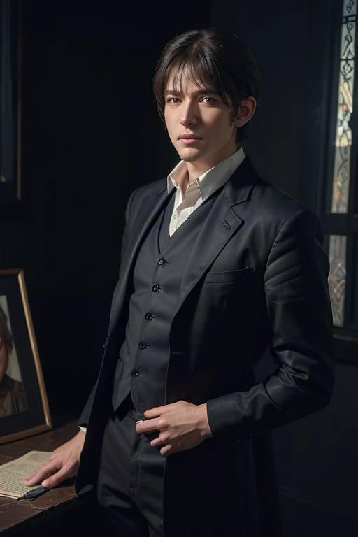 (Frontal focus), (in dark:1.6), Hyper-realistic portrait of a man by David Hockney and Alphonse Mucha, Fantasyart, photo realist, dynamic lighting, art station, posters, volumetric lighting, Very Detailed Faces, 4K, awardwinning, 1 boy, in dark, deep shadow, subtle, cowboy shot, (official clothing:1.4), shorth hair, White hair