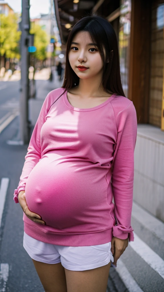 Beautiful young 17 year old Japanese woman, 4 months pregnant, wearing a pink shirt, wearing tight, sexy white shorts
place in town