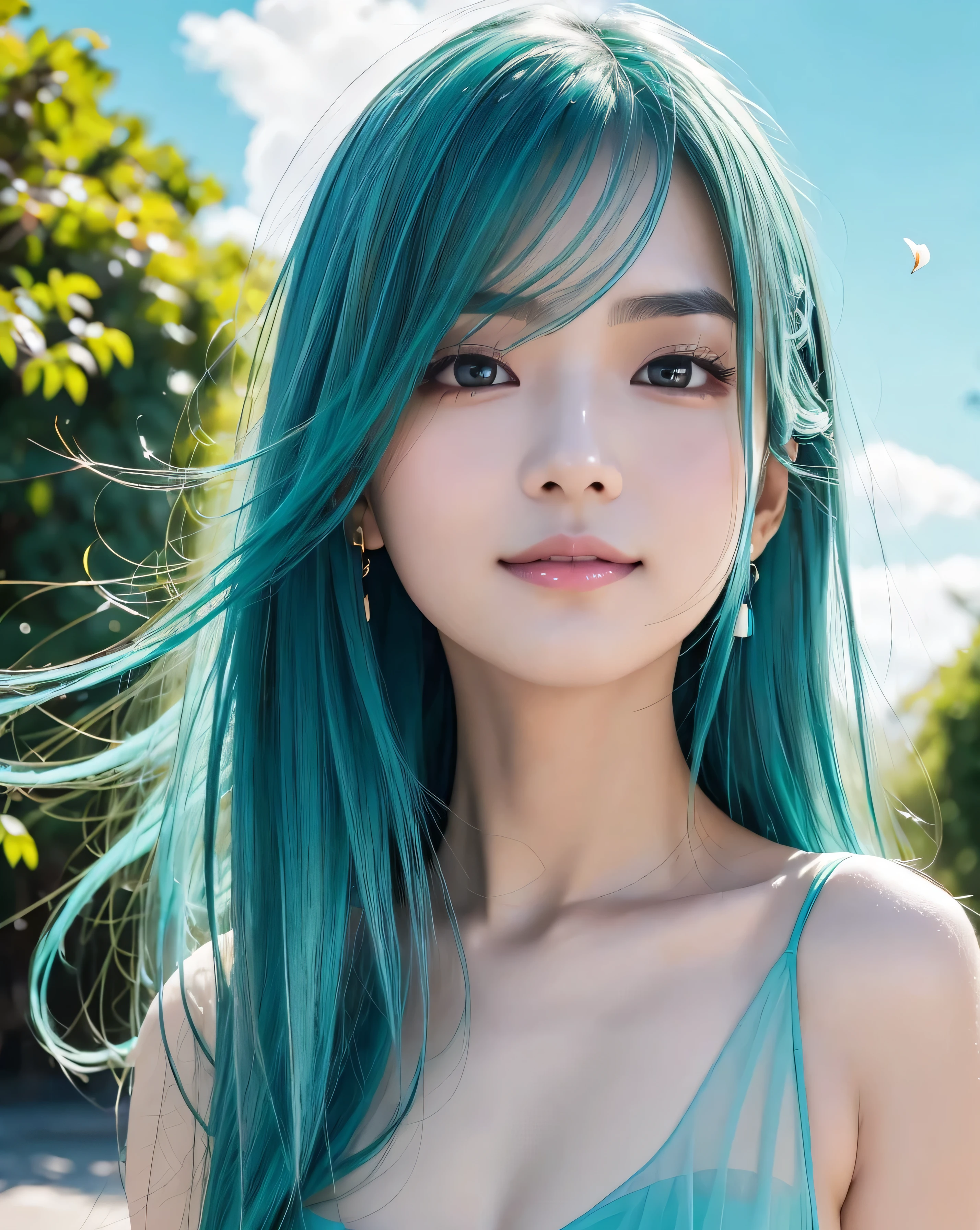 (Highest quality, 32k, High resolution, Masterpiece:1.5, ), marimo_jet, god々A photograph with brilliant dazzling and healing power., Evoking a sense of calm and elusive beauty, Expressing emotions, Have a rich imagination, Beautiful Japanese Girls, ((whole body:1.4)), An exceptionally beautiful face, Small Face Beauty, Perfect Human Anatomy, Magical big eyes, Motherhood and generosity, Deep Love, fleeting smile, ((Shiny turquoise hair:1.4)), Super long straight silk hair swaying in the wind, Asymmetrical bangs, Hair between the eyes, Transparent, soft white skin, Sharp eyebrows, Thin lashes, Natural Makeup, Cheek highlighter, Lips with fine detail, (White see-through camisole:1.4), High resolution perfect collarbone, High resolution beautiful bust, Slim figure with ample breasts, High resolutionの美しい太もも, ((Beautifully detailed skies:1.2)), ((Vibrant petal effect:1.3)), Professional photographer, Professional Lighting, Professional models, God&#39;s Secret