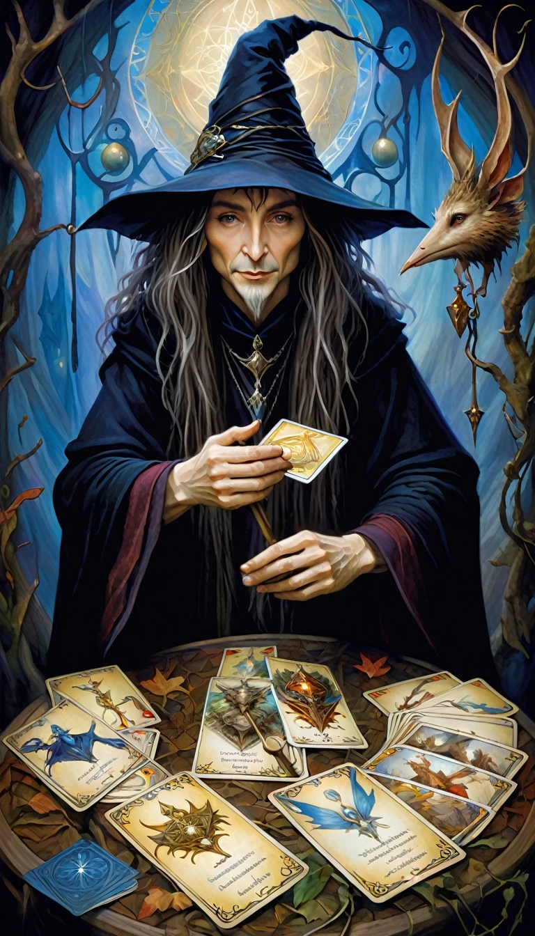 Tarot Cards, magician, ((Text on the card: "magician"))artwork:Brian Froud、Carne Griffith、Vadim Kashin, Intricate details, Oil
