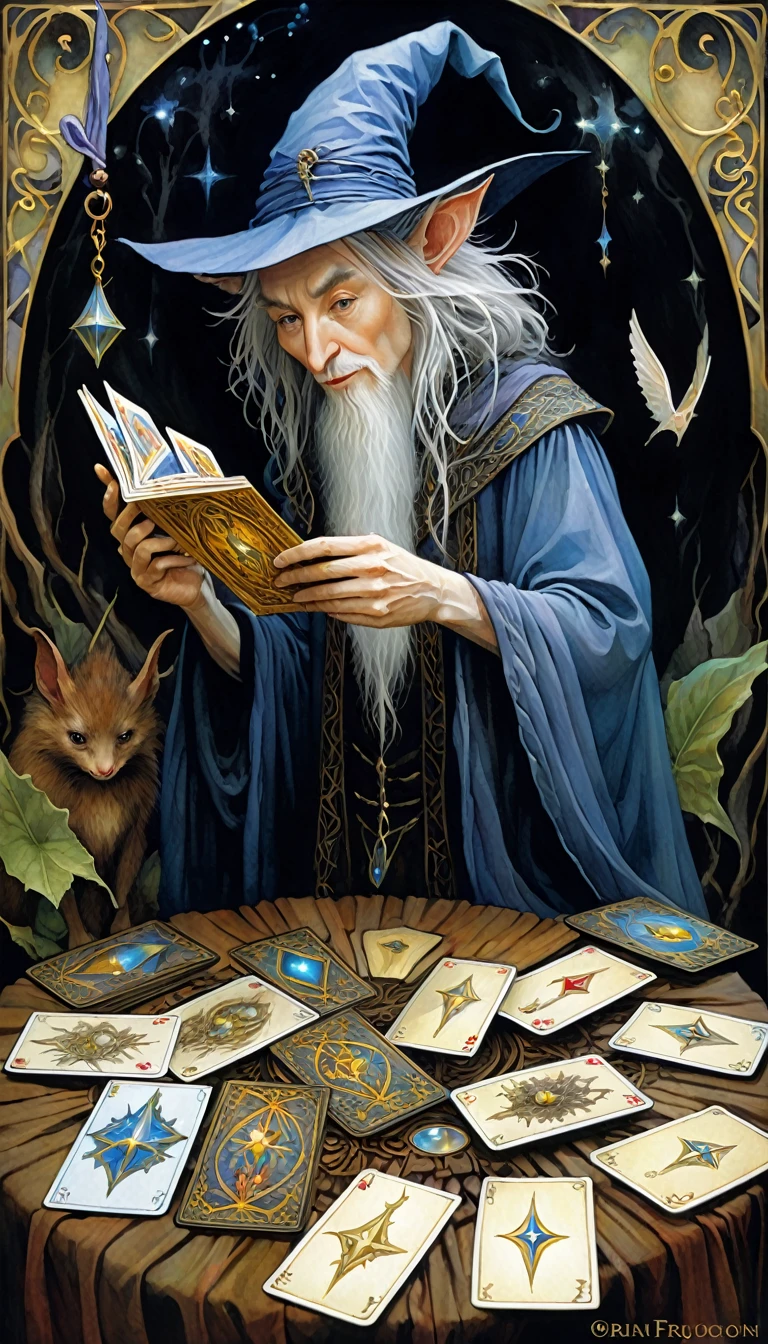 Tarot Cards, magician, ((Text on the card: "magician"))artwork：Brian Froud、Carne Griffith、Vadim Kashin, Intricate details, Oil
