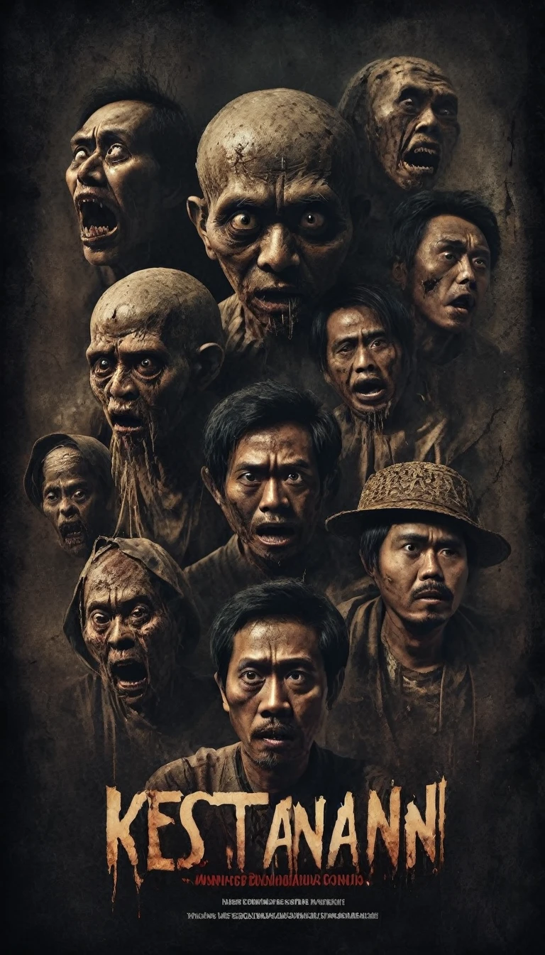 a masterpiece of a horror comedy genre film played by various Indonesian actors with extraordinary design and there is an inscription entitled "KESETANAN" under the picture, clear HD photography technique