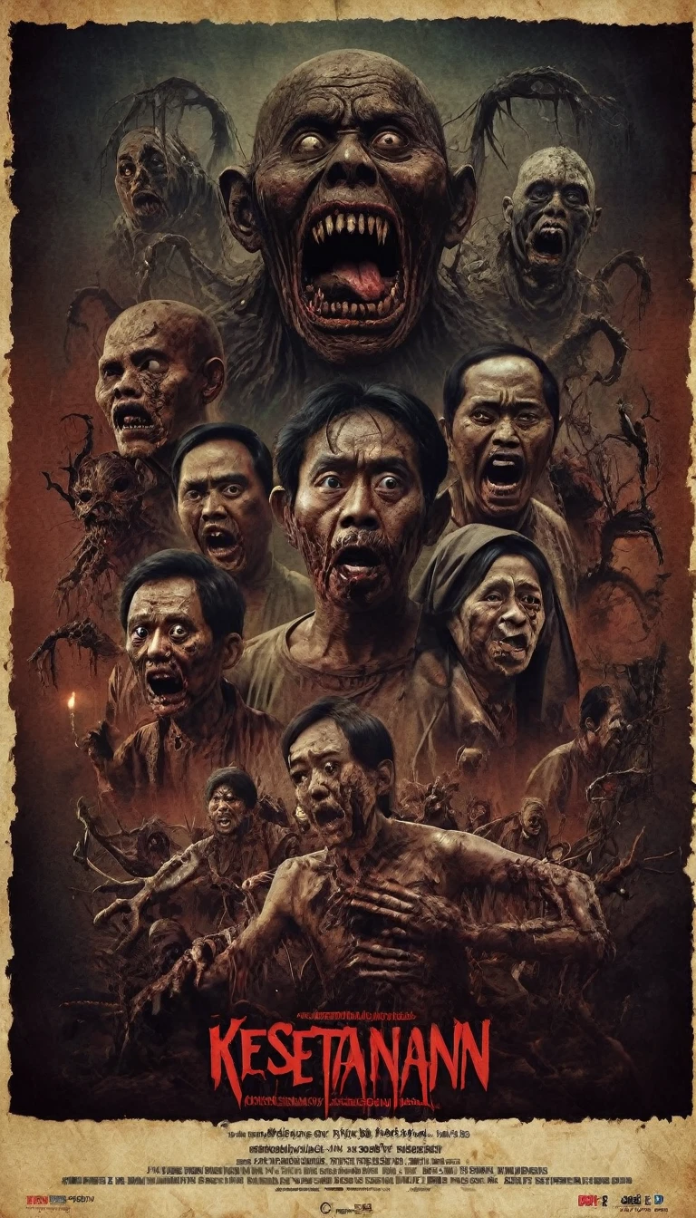 a masterpiece of a horror comedy genre film played by various Indonesian actors with extraordinary design and there is an inscription entitled "KESETANAN" under the picture, clear HD photography technique