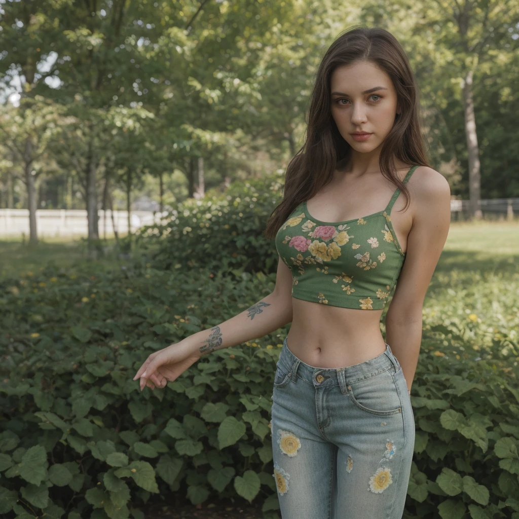 beautiful young woman, 28 years old, 5' 7" tall, medium length straight brown hair, dark green eyes, yellow low waisted jeans, green cropped t-shirt with a floral design, bare midriff, rose tattoo on her stomach, arm tattoos, standing in a park, trees, nighttime, ultra realistic, extremely detailed, 8k UHD, well lit