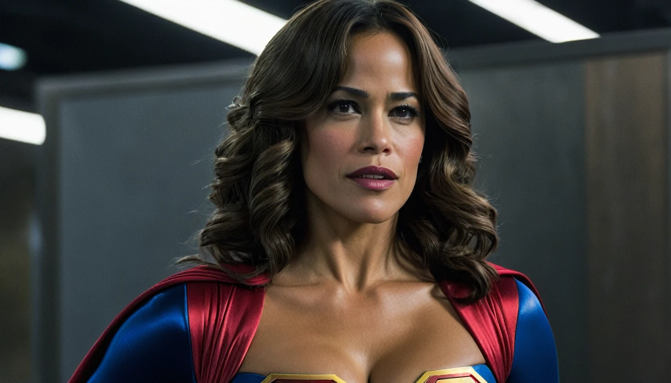 super breasts (cleavage); powerful and confident Paula Patton Supergirl 1984s movie costume;  HD. Photograph, ((realism)), extremely high quality RAW photograph, ultra detailed photograph, sharp focus, high resolution, (detailed skin:1,3),high quality, film grain, Fujifilm XT3,Highly Detailed, movie, (Cinematic Photo:1.3) of (Realistic:1.3). Super breasts.