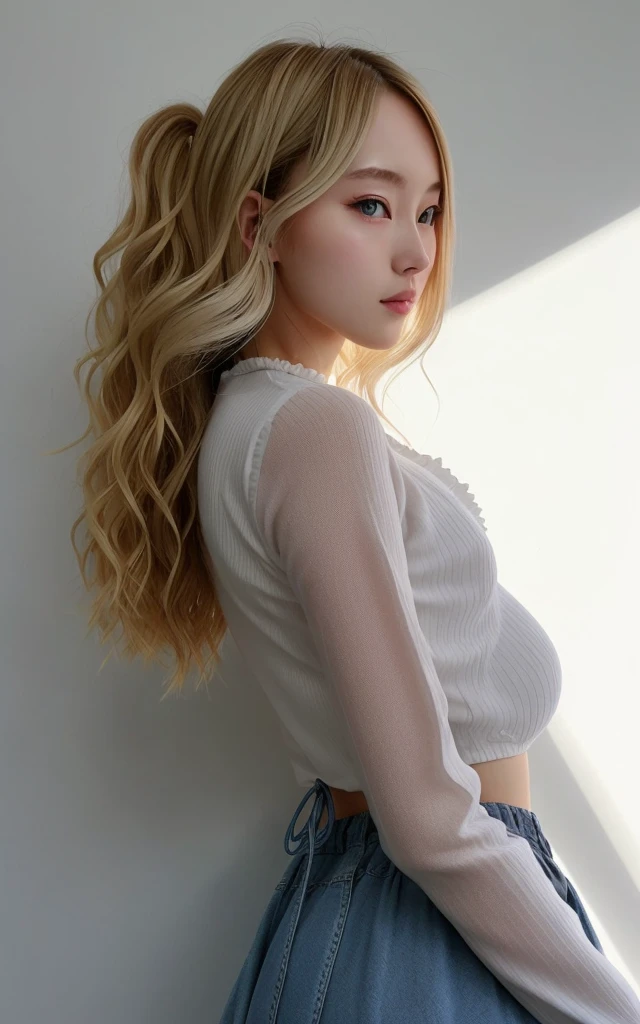 (((European Caucasian Woman)))、(((Mary, 18 years old)))、one person、(Thin contours、grey Eye)、(Thin contours)、(Big Breasts:1.5)、Narrow waist、(((White and translucent skin:1.3)))、Beautiful, shiny blonde medium-long hair、8-head-tall model style、Waist-down angle、Tokyo city、Full body focus