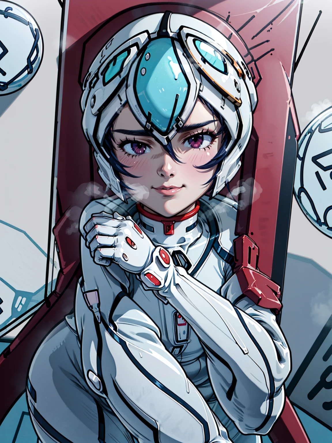 ((Highest quality, 8k wallpaper)),(masterpiece, Highest quality),Very detailed,High resolution,(Official Art:1.3),(((Anime screenshots,Black outline))),One girl,alone, Break mer1,(Rei Ayanami {Neon Genesis Evangelion,}1.2),masterpiece, best quality, outdoor, 1girl, Solo,red eyes,short hair,blue hair, (White plug suit:1.4), skin tight,(backlight, shaded face, cross-eyed, rolling eyes, empty eyes, jitome, raised eyebrows, one eye closed:1.3),(Tired look, A look of regret, Struggled, Half-closed eyes, fear, humiliation, Frightened, anxiety:1.3),(((Covered in sweat, Mass sweat, Sweating profusely,steam:1.7))), (((fighting stance, knees together feet apart, leaning forward, holding own arms, bent legs:1.4))),(((独奏, cowboy shot:1.6))),(((glass helmet,full-face helmet:1.7))),