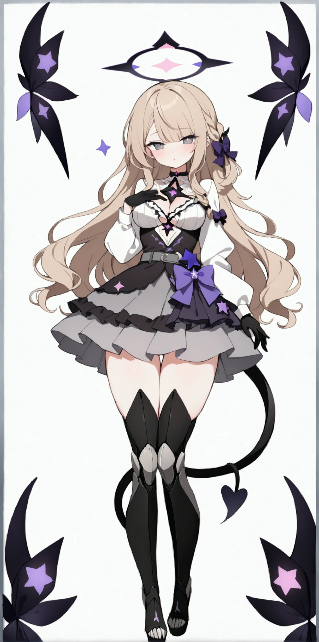 woman 170 cm tall. medium chest, wide hip, slim build, ((whole body)). (((character design sheet: front view))). (dark blonde hair, (hip-length wavy hair with asymmetrical bangs), (She has a short braid tied with an elegant purple bow on the left side of her hair above her chest). (She has a short braid tied with an elegant purple bow on the right side of her hair above her chest). She has small ribbons in the back of her hair..). ((Gray eyes with a pink 4-pointed star in the pupil.)). Two black and purple serval ears located on the top of the head. (Luminous black halo with purple star patterns above his head). He has a black collar with a heart emblem on his neck.. (Elegant one-piece long dress with lace and ruffle thigh-high skirt, ribbon decorations and star patterns on the dress). black gloves, beautiful black platform heels. gray belt at the waist with a large ribbon with a luminous pink heart in the middle. (It has a beautiful succubus tail with a small purple star on the tip.). ((It has complex mechanical legs that reach up to the thighs and are black with small purple details..)). beautiful detailed hair, beautiful detailed dress. extremely detailed arms. extremely detailed face, small face, Beautiful detailed eyes, beautiful detailed lips. adorable. extremely detailed legs. (Best Quality, 4k, high resolution), ultra detailed, Exquisite and epic character art., ((White background)). (Focus on symmetry).