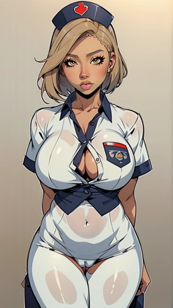 ((masterpiece)),(((best quality))),((character design sheet)),((rough sketch)),((vulgar)),thick thighs,african girl,blond hair,big ,((between breasts)),pussy juice,wearing an Wet sexual nurse uniforms and nurse cap,shirt harf lift,milking