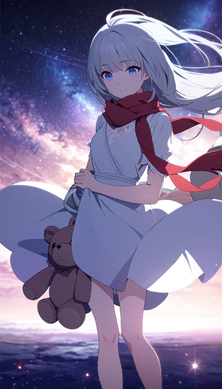 (((masterpiece))), (((best quality))),(((high detail))),light manipulation, girl with long silver hair, gradient purple to sky blue eyes, wearing a white dress, a red scarf, galaxy background, holding a teddy bear, feet, no footwear