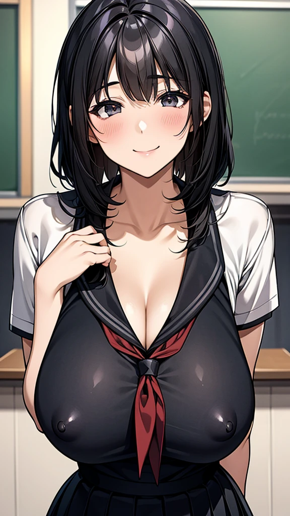 Short black hair and black eyes、, girl、Huge breasts、Smile、cute hairpin、I can see the whole body、School,Nipple exposure,school uniform